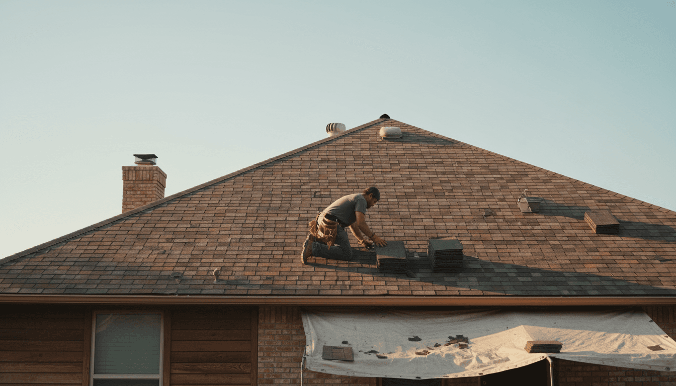 Contractor repairing a residential roof under the afternoon sun in Dallas