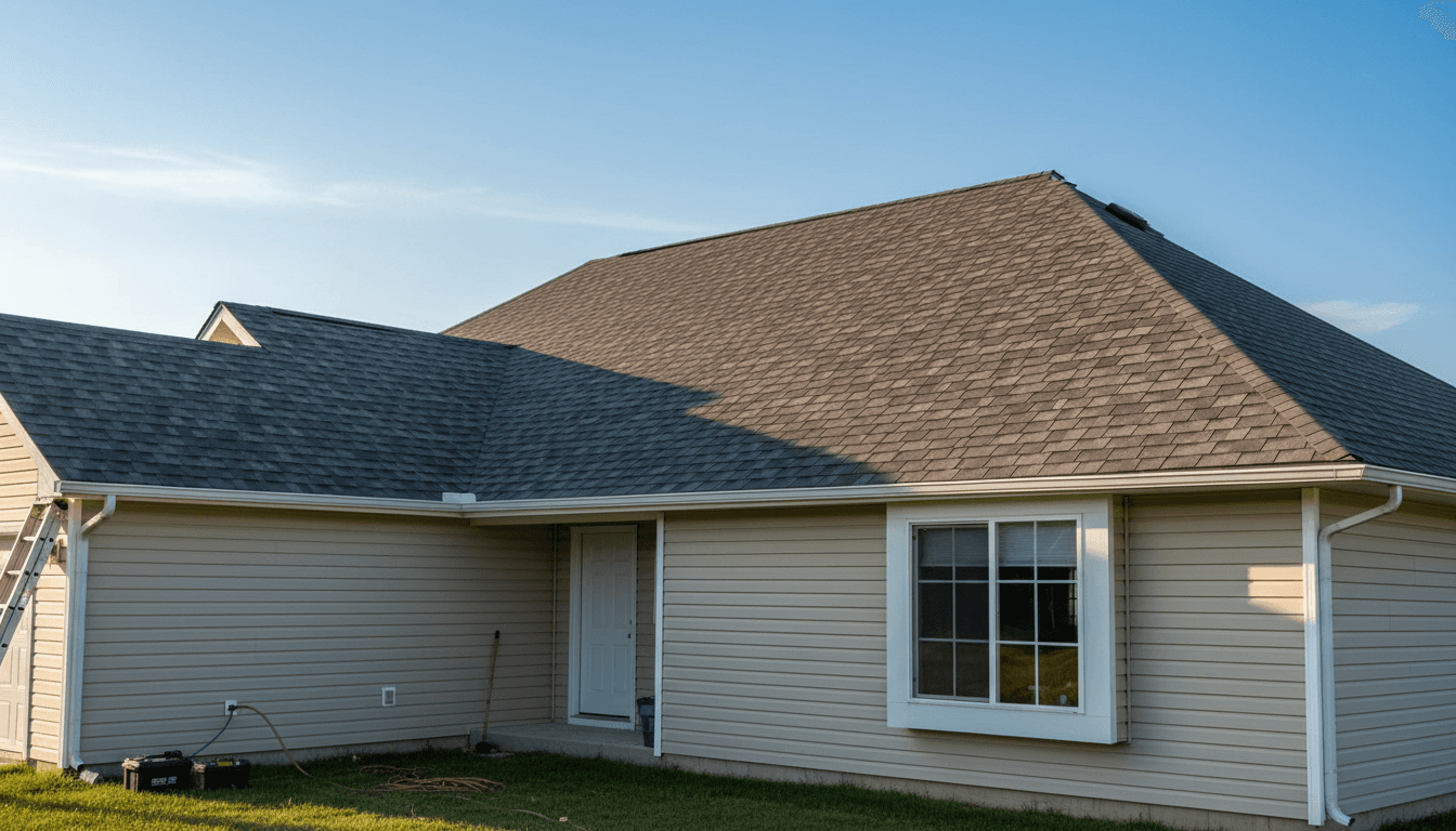Completed residential roof replacement showing new gray shingles with home exterior and clear sky visible from ground level